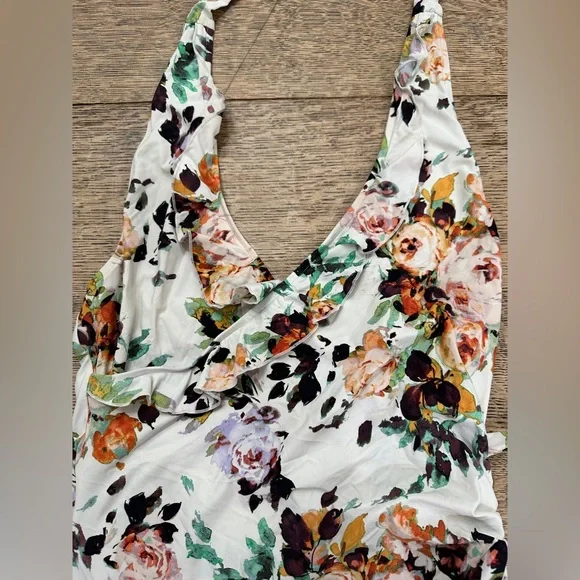 Anthropologie Allihop Ruffle Floral Halter Ruching Tie Waist One-Piece Swimsuit - Picture 8 of 13